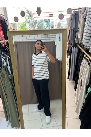 Tuba Toptaş Çizgili Yakalı Triko Tshirt Beyaz