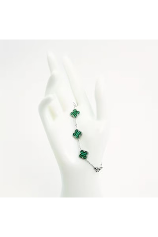 Çelik Bileklik Dört Yapraklı Küçük Yonca Yeşil Çizgili Sedef Taşlı Uzunluk 18 Cm Gümüş Gümüş