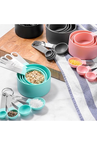 Neevoyu Kahve, Şeker, Yağ Ölçümü İçin 8 Parça Plastik+paslanmaz Çelik Kupa Ve Kaşık Seti - Mutfak Fırıncı Gereci Siyah