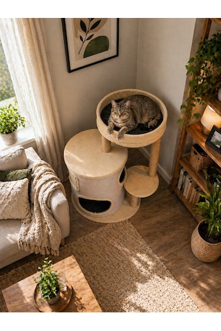 Zen Modern Kedi Evi Tırmalama Direkli Konforlu Kedi Yuvası