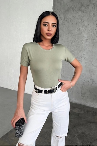 Lisinya Rahat Ve Şık Kısa Kollu Bisiklet Yaka Likralı Viskon Penye Body Haki Çok Renkli