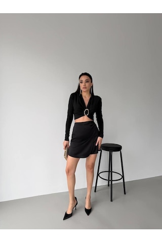 Elaxi Kadın Dalgıç Kumaş Tokalı Vatkalı Crop Bluz Siyah