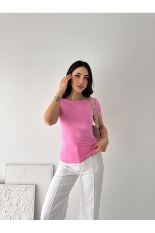 Elaxi Kadın Kısa Kollu Kayık Yaka Buzy Kumaş Tişört Pembe