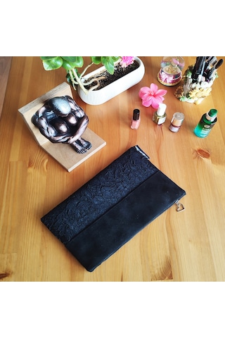 Ju Yaratıcı Tasarım Kadın Portföy & Clutch Çanta Süet Dantel Siyah