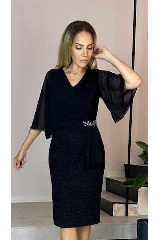 Ges Moda G0477 Taş Detaylı Şifon Kollu Abiye Elbise Siyah-siyah Siyah