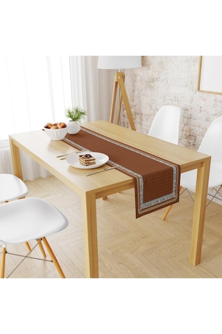 Kahverengi Runner 140x45cm Ince Keten, Uluslararası Yıkama Ve Solmama Sertifikası Çok Renkli