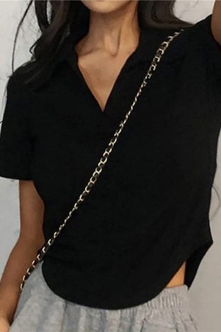 Siyah Oval Kesim V Polo Yaka Kısa Kollu Crop-17887 Siyah