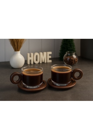 Morponi 2'li Borosilikat Cam Akasya Saplı Ve Akasya Tabaklı Çay Kahve Fincanı 250 Ml Şeffaf
