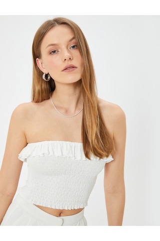 Koton Fırfırlı Crop Straplez Üst Gipe Detaylı Beyaz 4sak10649ek Beyaz