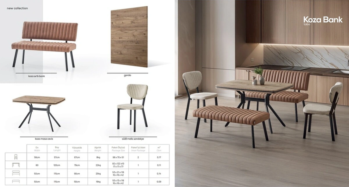 Dengema Koza Bank Yemek Masası Takımı 80 120 Cm Ceviz Desen, 2 Taba Bank, 2 Sandalyeli Ceviz Desen - Taba Bank