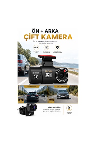 4k Araç İçi Kamera İki Kameralı Gece Görüşlü Wifi Gps 24 Saat Park Modu G Sensör