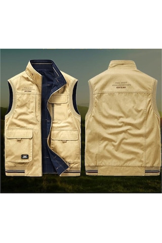 Simicg Erkek Ters Çevrilebilir Çok Cepli Dış Mekan Yelek - Haki