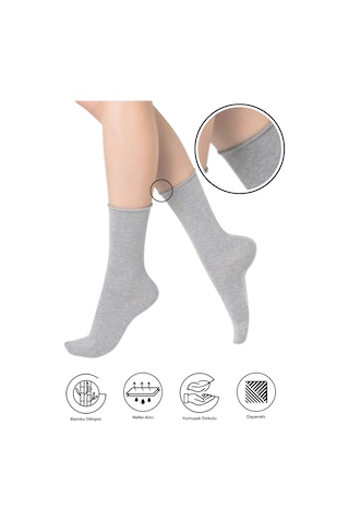 Bambu Kadın Lastiksiz Gri Soket Dikişsiz Premium Çorap 3'lü Pkt Gri Melanj