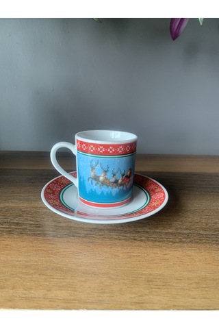 Yeni Yıl-noel Baba Geyik Model 4 Parça 2 Kişilik Porselen Türk Kahvesi Fincan Takımı Çok Renkli