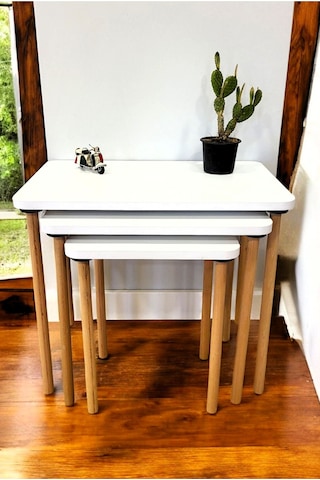 Doğal Ahşap Ayaklı 3'lü Zigon Sehpa Seti Beyaz