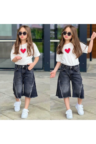 Ay Kids Kız Çocuk Kalp Baskılı Oversize Tişört & Bol Paça Jean Kapri Kombin Takım 2689s Siyah