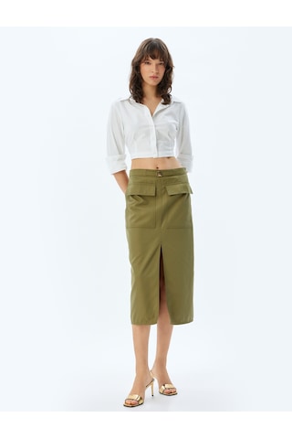 Koton Midi Boy Kalem Etek Yüksek Bel Kargo Cepli Önden Yırtmaç Detaylı Slim Fit Haki 5wak70036pw Haki