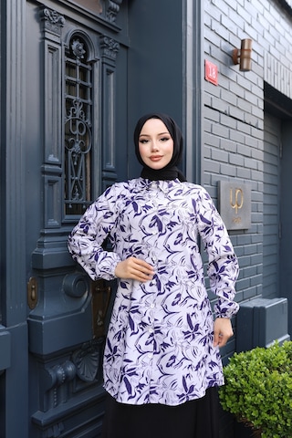 Kadın Mor Çiçek Desenli Pamuk Dokuma Kumaş Tunik Gömlek Etekli Takım Tk1412 Mor