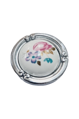 Porselen Düğme Kulp Metal Krom Çiçekli / 5 Adet Krom