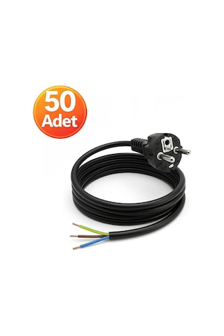 50 Adet - Açık Uç Güç Power Kablosu Fişli 3x0.75 Topraklı - 1 Metre