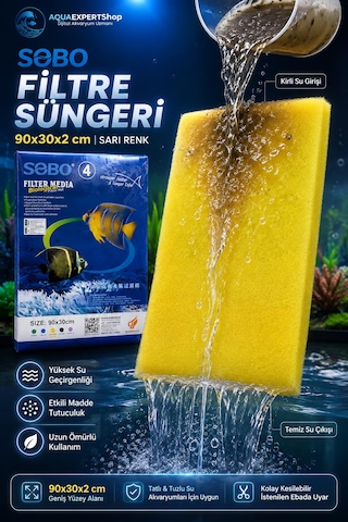 Sobo Akvaryum Filtre Süngeri 90x30x2 Cm - Üstün Temizlik Gücü Ve Yüksek Su Geçirgenliği - Sarı Renk