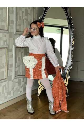 Miniğimin Cicileri Tüvit 5 Parça Ceketli Çantalı Kız Çocuk Takım - Turuncu