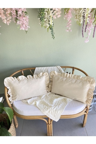 Keten Bohem Fırfırlı Vintage 2'li Dikdörtgen Kırlent Kılıfı