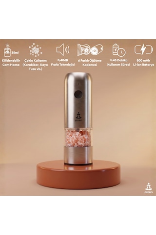 Pizen Windmill Usb Şarjlı Otomatik Baharat Öğütücü Led Işıklı Ayarlanabilir Tuz Karabiber Değirmeni Gümüş