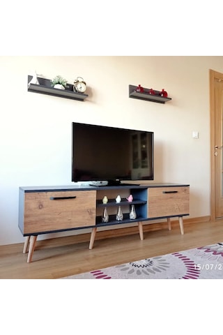 Ms 90 Mdf Tv Ünitesi Dolabı Raflı Antrasit Ceviz