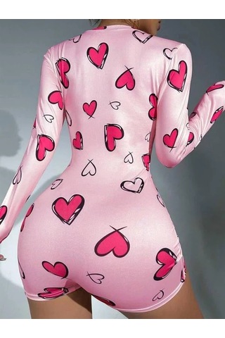 Go İthalat Kadın Pamuklu Pembe Desenli Düğmeli Uzun Kol Tulum Pijama