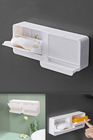 2 Bölmeli Yapışkanlı Duvara Monte Mutfak Banyo Katı Sabunluk Beyaz