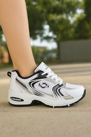 Günlük Unisex Beyaz Siyah Sneaker Kaymaz Yüksek Taban Desenli Triko Bağcıklı Koşu Spor Ayakkabı Beyaz - Gümüş