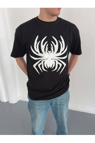 Defymoda Erkek Örümcek Baskılı Tişört Kısa Kollu Bisiklet Yaka T-shirt - Siyah
