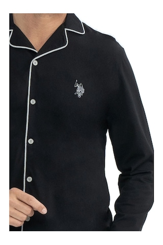 U.s. Polo Assn. 12039 Boydan Düğmeli Patlı Uzun Kol Erkek Pijama Takım V1 Siyah Siyah