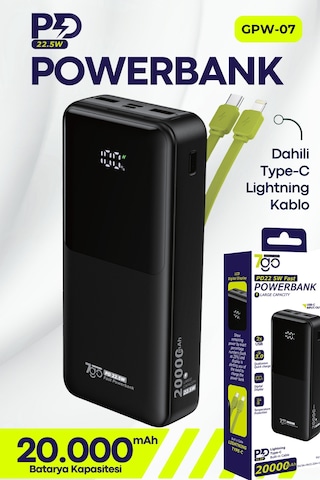 7go Gpw-07 20000mah Pd22.5w Hızlı Şarj Powerbank Siyah Dahili Type-c & Lightning Kablo Dijital E Siyah