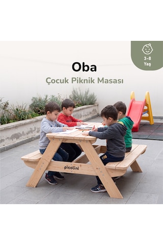 Ovlo Ahşap Çocuk Bahçe Masası Şemsiye Delikli 3-8 Yaş 4 Kişilik Oba Naturel
