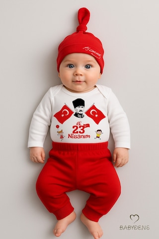 Babyden's İlk 23 Nisan Bayramı Bebek Takımı Atatürk Baskılı %100 Pamuk Uzun Kollu Body Pantolon Şapka Seti Kırmızı - Beyaz