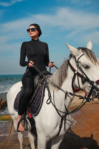 Gugus Kadın Havuz/deniz/plaj Uzun Önden Fermuar Detaylı Boneli Mayo Tulum Siyah