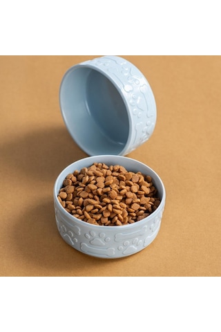Mavi Kedi Köpek Mama Kabı 2li Seramik Kabartmalı Kedi Köpek Mama Ve Su Kabı 13.5 Cm 500ml