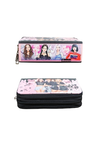 Kalem Kutusu Black Pink Blink Orginazer Vegan Deri Üç Bölmeli K