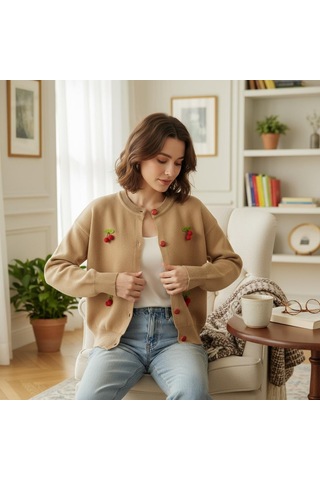 Eren Style Triko Kiraz Detaylı Cotton Angora Yünlü Bisiklet Yaka Hırka Camel