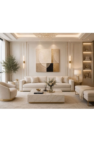 Modern Soyut Geometrik Kare Kanvas Tablo Gold Detaylı Bej Krem Minimalist Luxury Salon, Yatak Odası Ve Ofis Duvar Dekoru Çerçevesiz Premium Duvar Tablosu