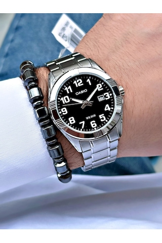 Casio Gümüş Renk Siyah Kadran Bronz İndeks   Çelik Kordon Erkek Kol Saati + Bileklik Hediyeli Nda100