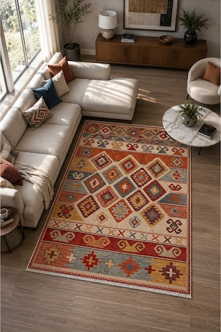 Dekoratif Halı Kaymaz Taban Leke Tutmaz Yıkanabilir Kilim Özel Ölçü Salon Halısı 3052 Çok Renkli