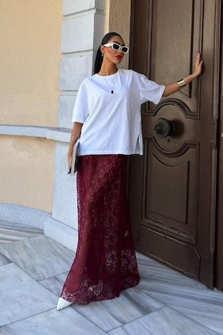 Crimson Grace Kadın Bordo Dantel Maxi Etek Şık Yazlık Tasarım Bordo