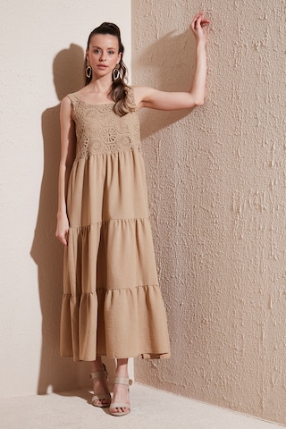 Lela Relaxed Fit Volanlı Uzun Bayan Elbise 611El010 Vizon