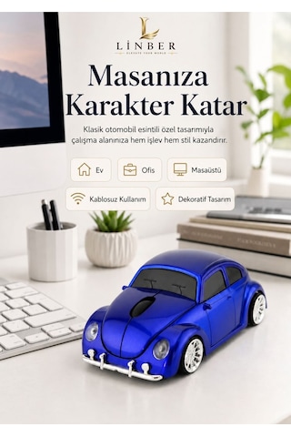 Klasik Mavi Beetle Vosvos Tasarımlı 2.4g Kablosuz Mouse Usb Alıcılı Kırmızı Araba Şeklinde Optik Mouse Çok Renkli Diğer