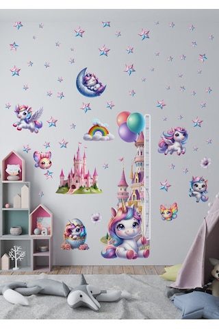 Unicorn Temalı Gökkuşağı Renkli Boy Ölçerli Duvar Sticker Seti - Mat, Sökülebilir, Çocuk Odası Dekoru 01