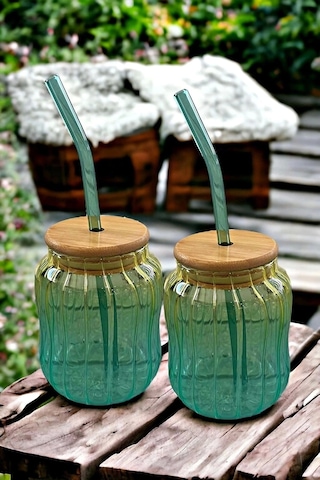 2'li Emerald Bambu Kapaklı Pipetli Cam Bardak Isıya Dayanıklı New Still Yesil
