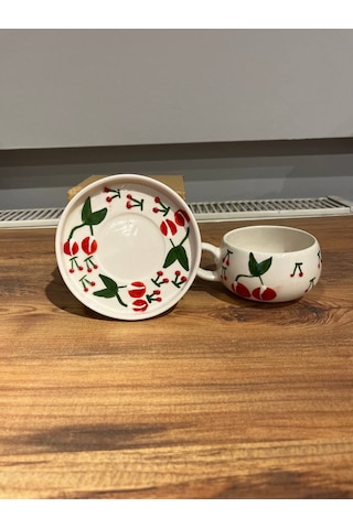 Büyük Kiraz Desenli Tabaklı Seramik Kupa, Mug, Double Türkkahvesi
